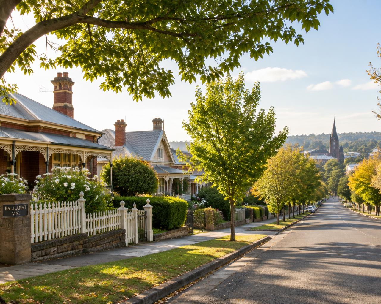 A leafy residential street in Ballarat on a bright morning