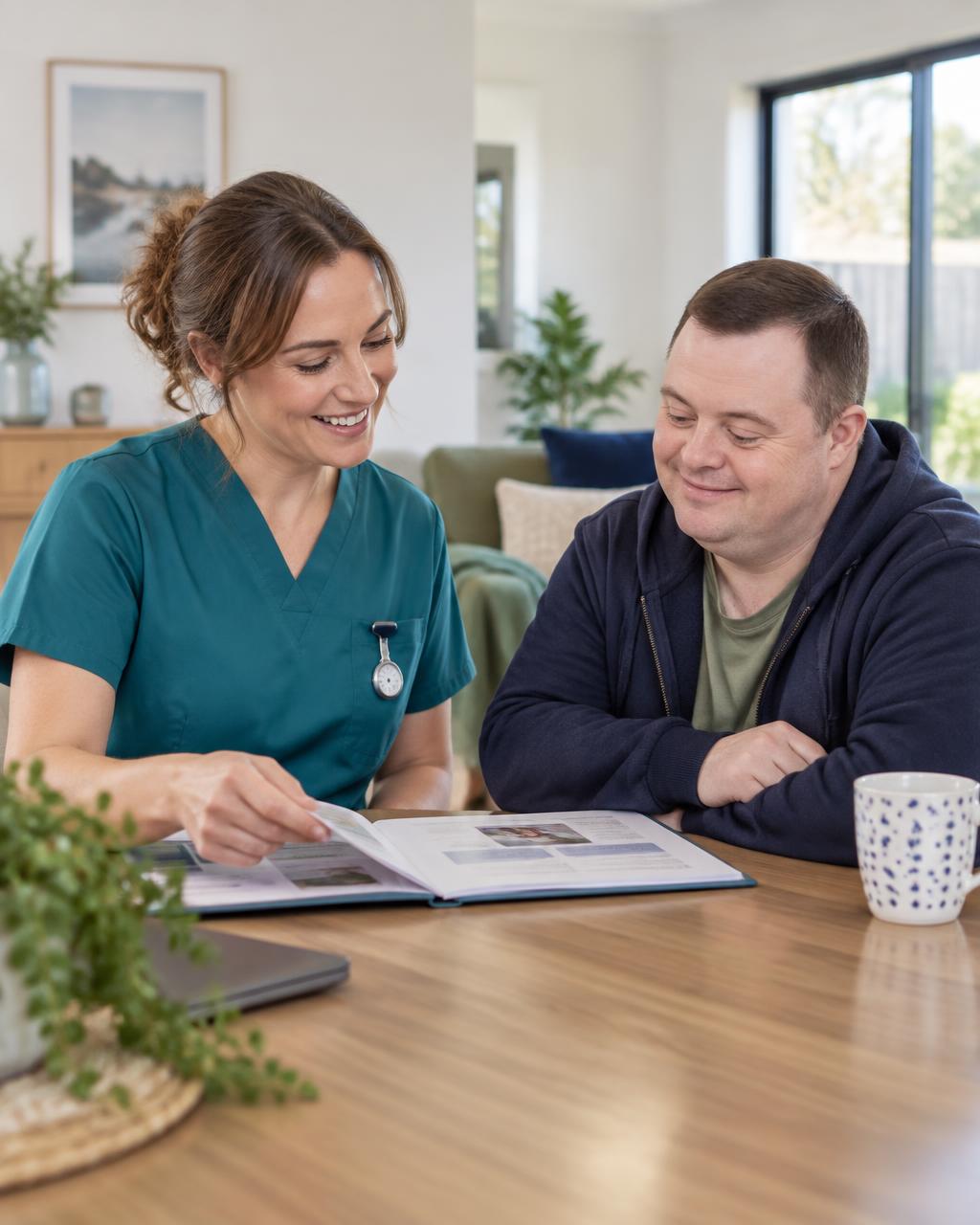 A community nurse reviewing a care plan with a participant at home