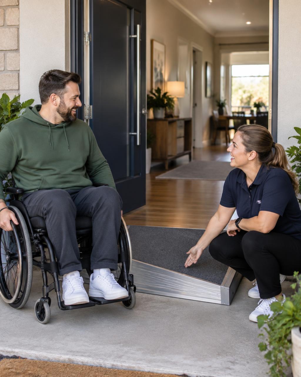 A wheelchair user discussing an accessible home entrance with a support professional