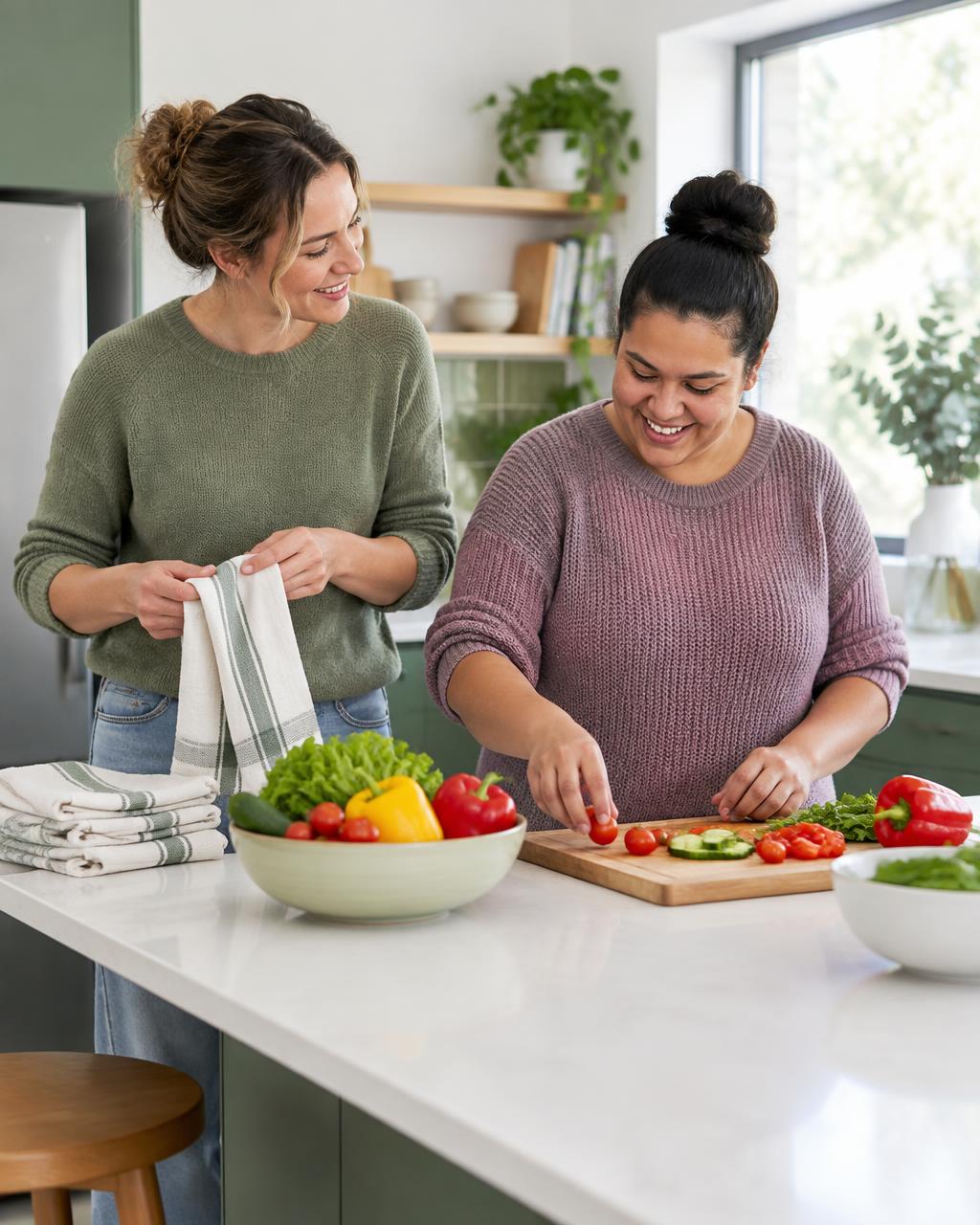 A participant preparing food at home alongside a supportive care worker