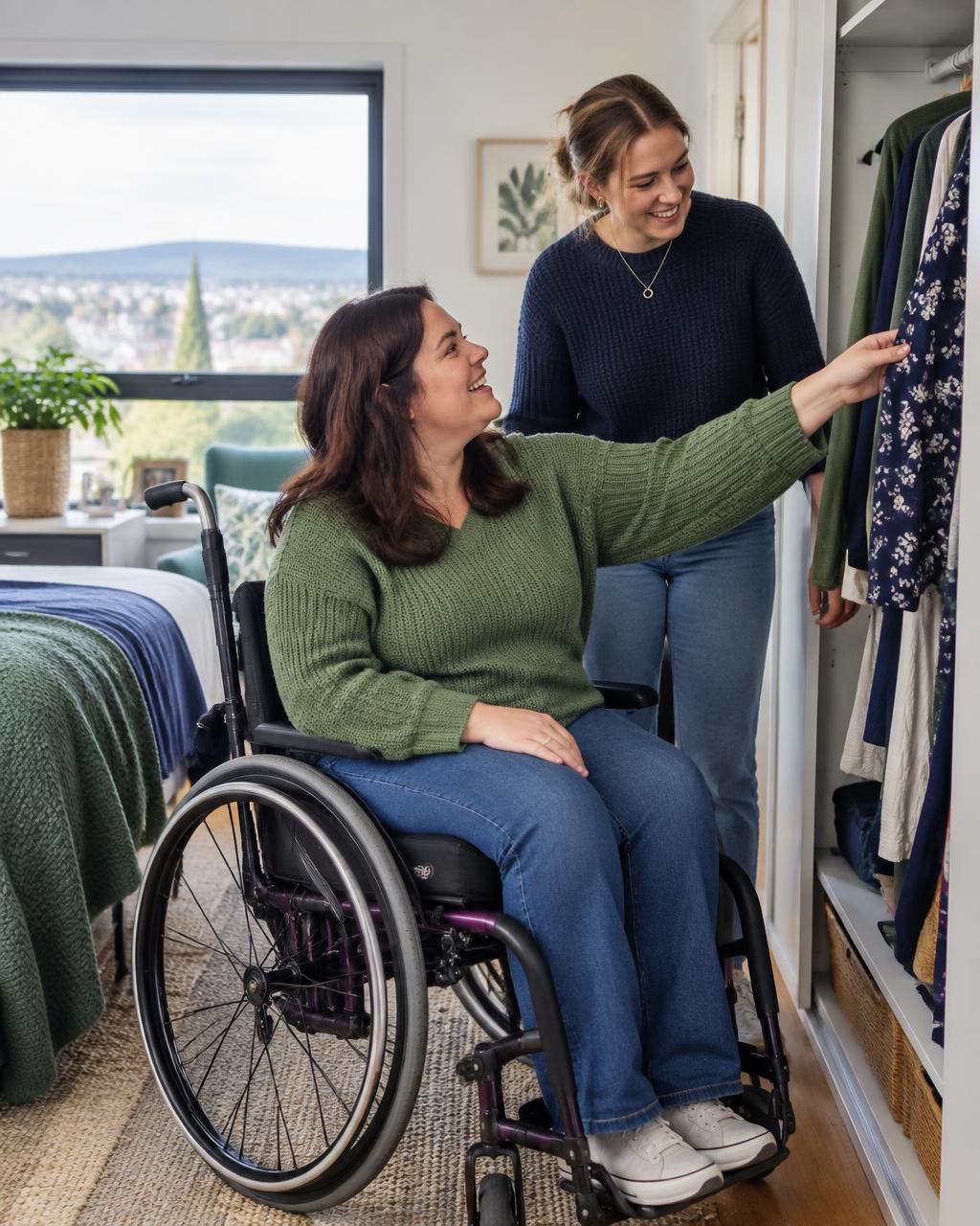 A participant choosing clothing with support from a care worker at home