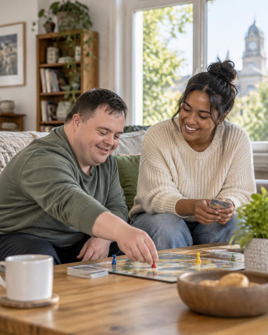 A participant enjoying a board game with a supportive care worker at home
