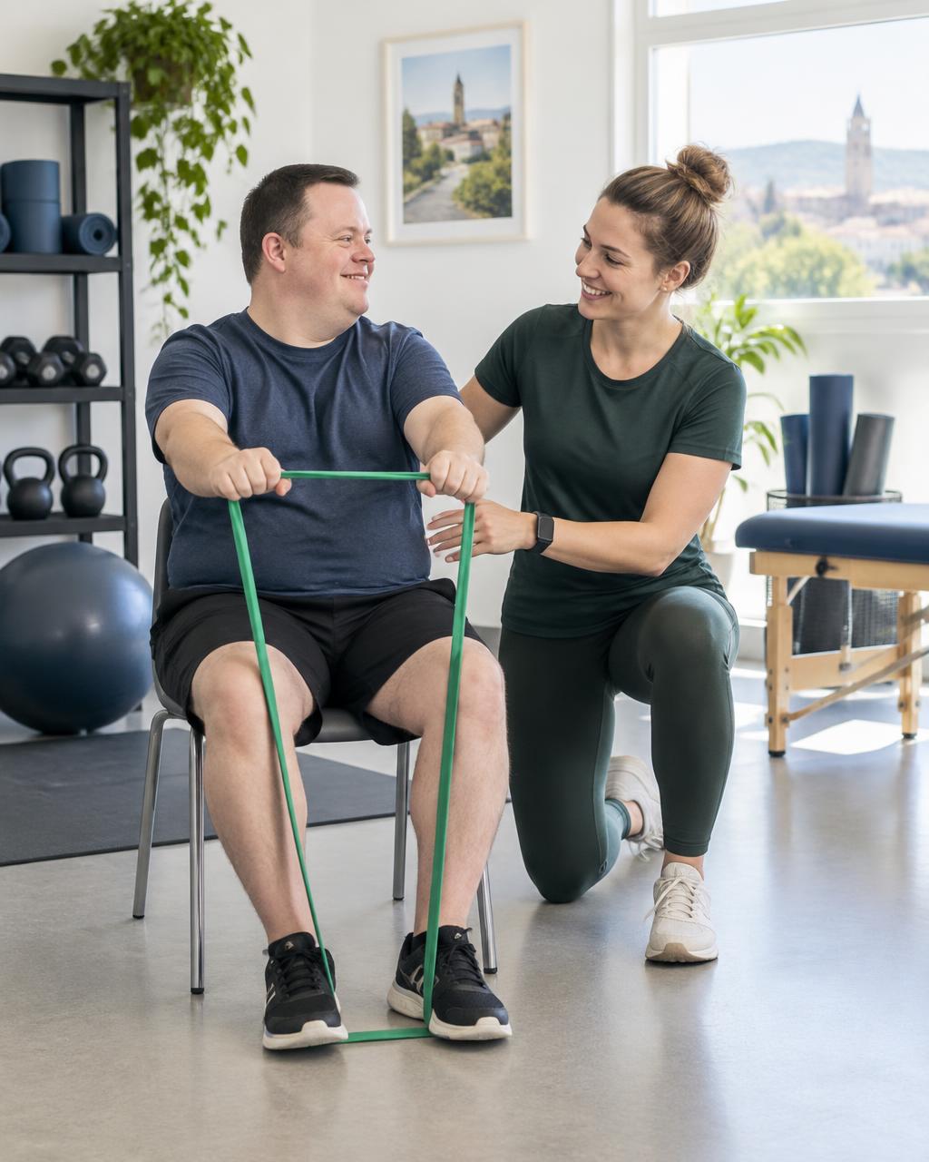 An exercise physiologist guiding a participant through an adapted resistance exercise